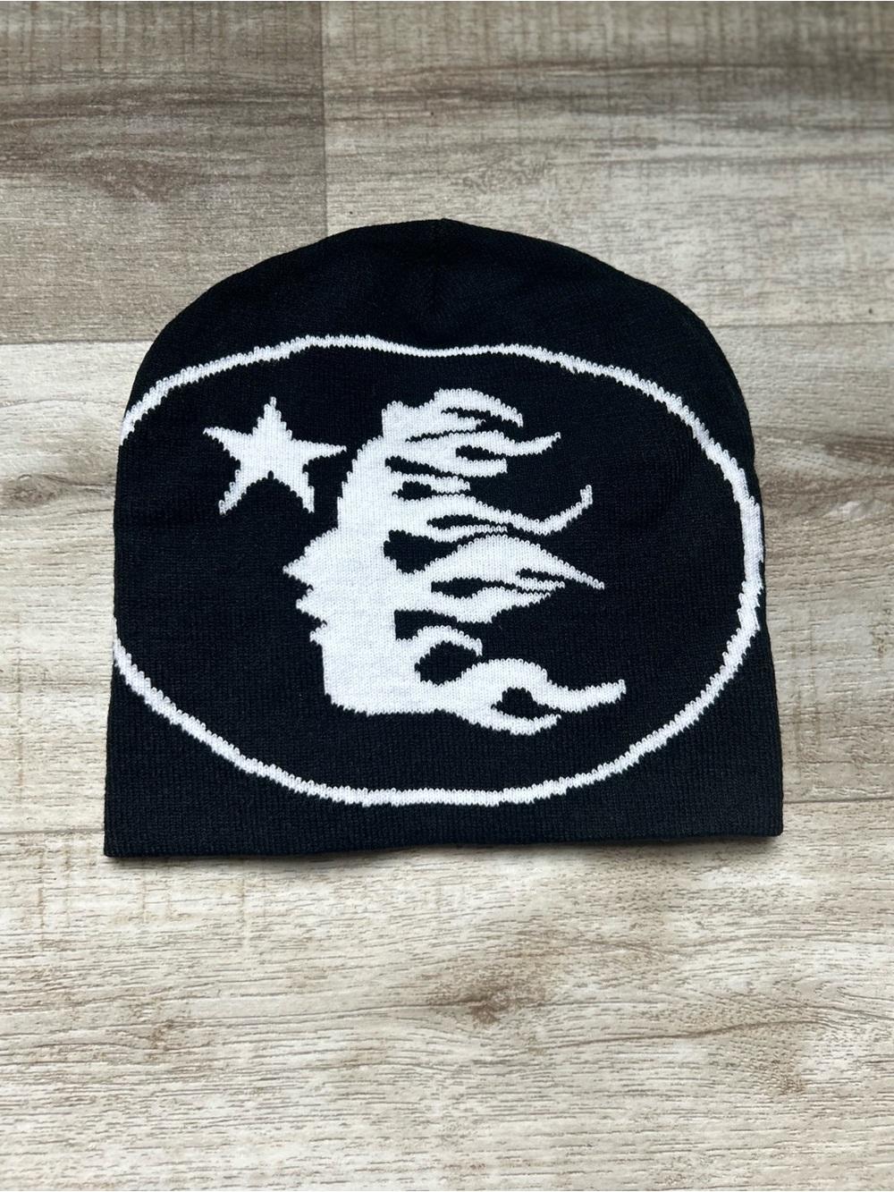 Black Knit Beanie with White Flame Face Graphic - Unbranded